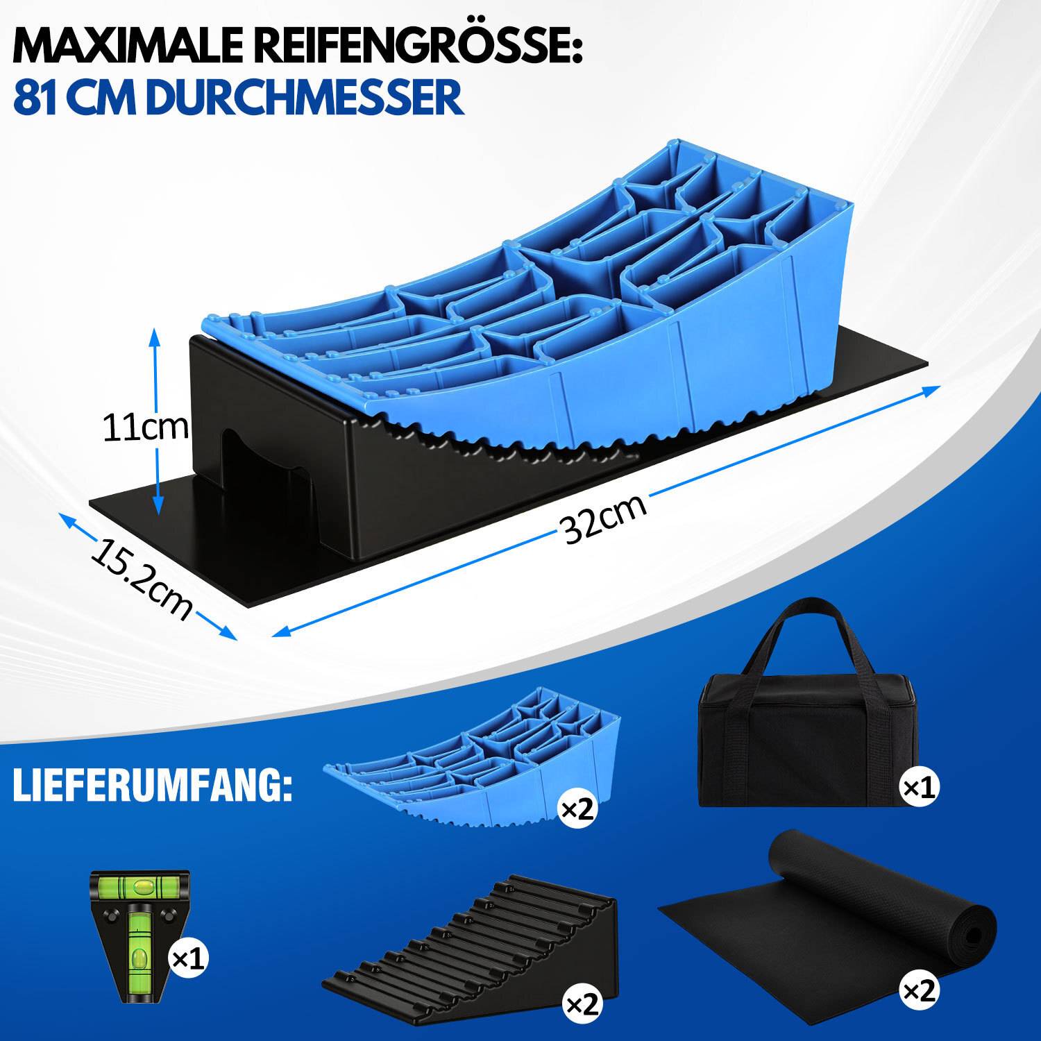 Maximale Reifengröße: 81 cm Durchmesser über einem Bild eines schwarz-blauen Reifenstoppers. Die Abmessungen betragen 32 cm Länge, 15,2 cm Breite und 11 cm Höhe. Beinhaltet eine Tragetasche, zwei Verlängerungsstücke und zwei Reifenstopper.