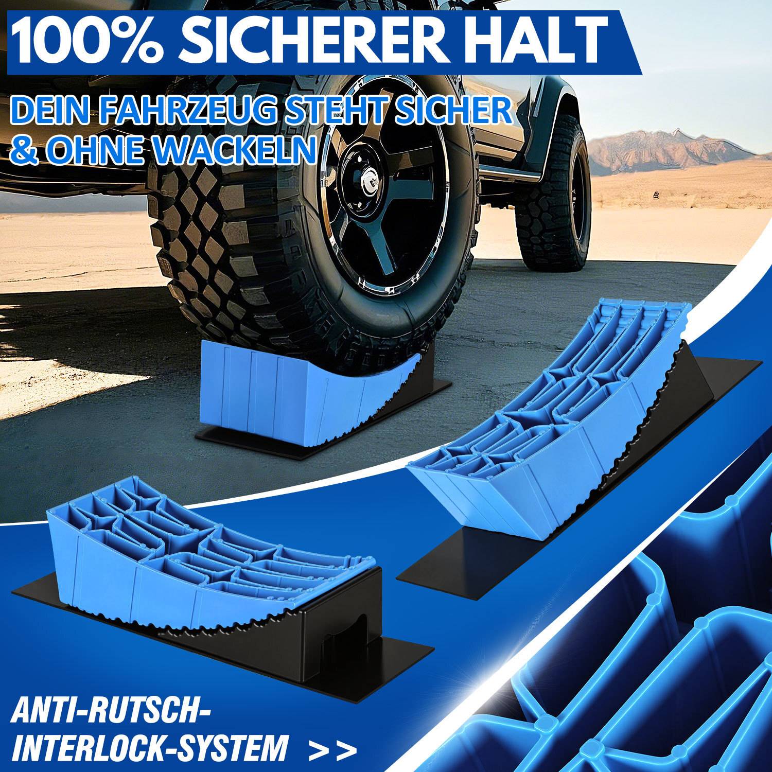 Ein Fahrzeugrad, das durch ein blaues verschlungenes Rutschsicherungssystem auf einer geneigten Oberfläche sicher befestigt ist und Stabilität und Sicherheit gewährleistet.