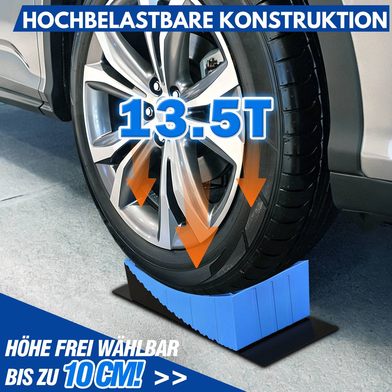 Ein Autoreifen auf einer blauen Rampe, die bis zu 13,5 T Gewicht tragen kann. Der Text besagt 