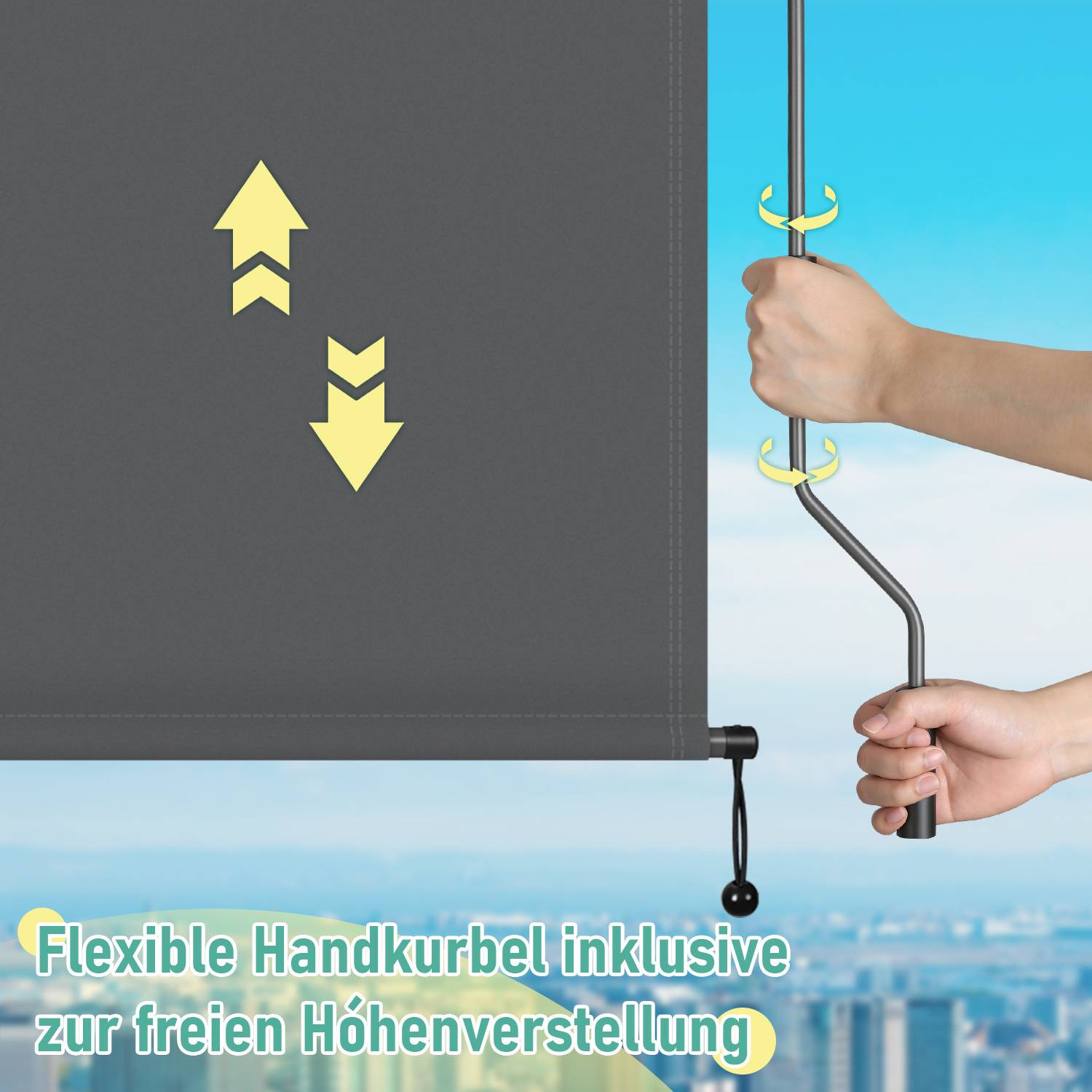 Eine Person stellt eine rollbare Jalousie mit einer flexiblen Handkurbel ein. Pfeile zeigen die Fähigkeit der Jalousie, sich auf und ab zu bewegen.