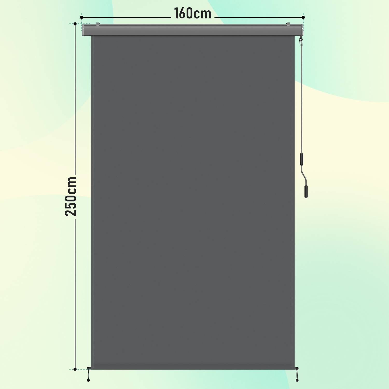 Dunkelgraue Rollorollo mit einer Breite von 160 cm und einer Länge von 250 cm, aufgehängt mit einer Zugschnur, die auf der rechten Seite herunterhängt.