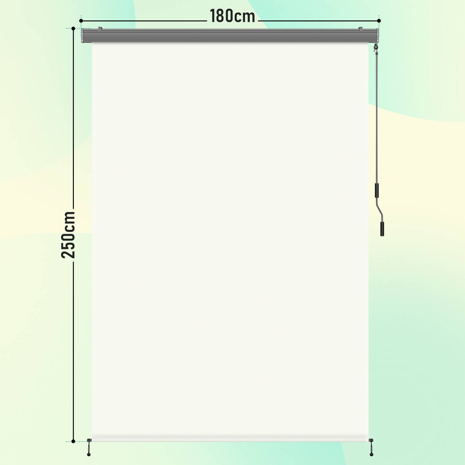 Ein weißer Beamer-Leinwand mit den Abmessungen 180 cm breit und 250 cm hoch vor einem hellen Farbverlaufshintergrund.