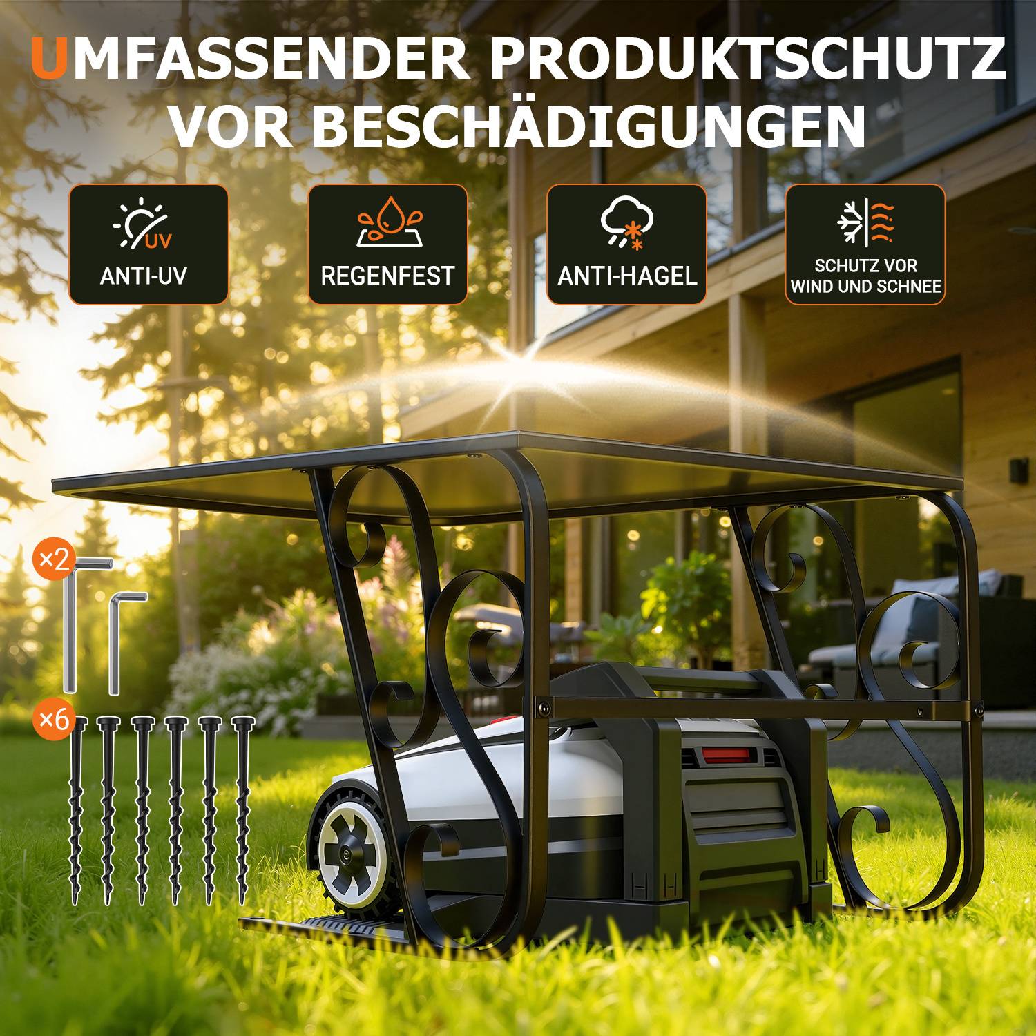 Ein Schutzunterstand für Außenausrüstung wird präsentiert, mit Funktionen wie UV-Schutz, Regendichtheit, Hagelschutz und Schutz vor Wind und Schnee.