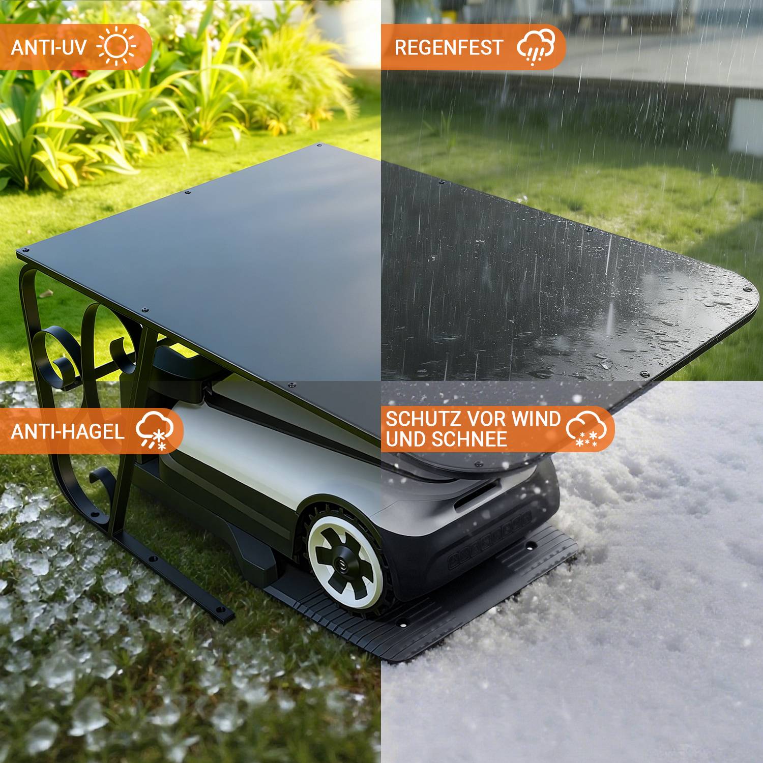 Ein vierteiliges Bild zeigt eine Autoabdeckung unter verschiedenen Wetterbedingungen: Sonnenlicht, Regen, Hagel und Schnee und hebt dabei ihre Schutzfunktionen hervor.