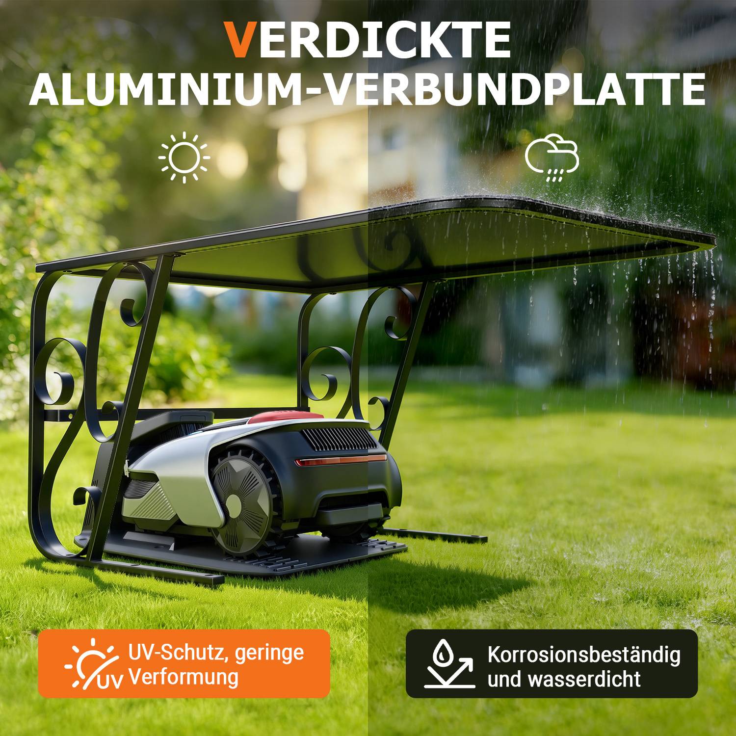 Robotischer Rasenmäher unter einem Unterstand aus dickem Aluminium-Verbundpaneel. Text: „UV-Schutz, geringe Verformung