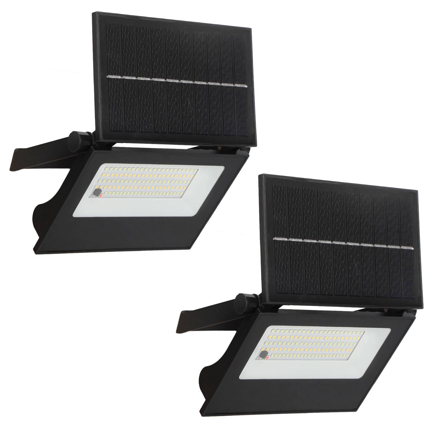 Zwei schwarze, solarbetriebene LED-Leuchten mit oben angebrachten Paneelen, nach unten abgewinkelt, geeignet für die Außenbeleuchtung.