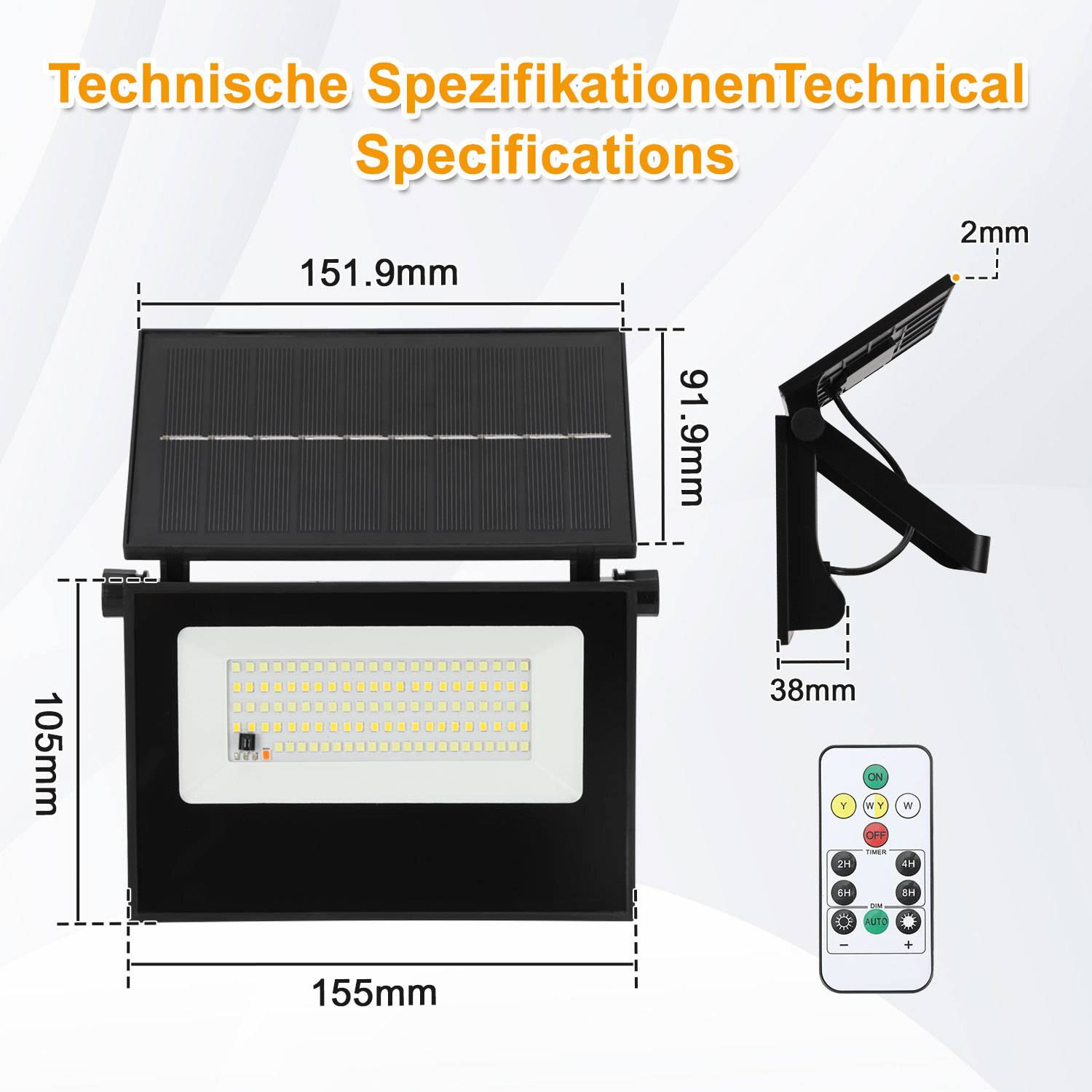Technische Spezifikationen' Bild, das die Abmessungen einer solarbetriebenen LED-Leuchte mit einer Dicke von 91,9 mm, einer Fernbedienung und den Messwerten des Solarmoduls zeigt.