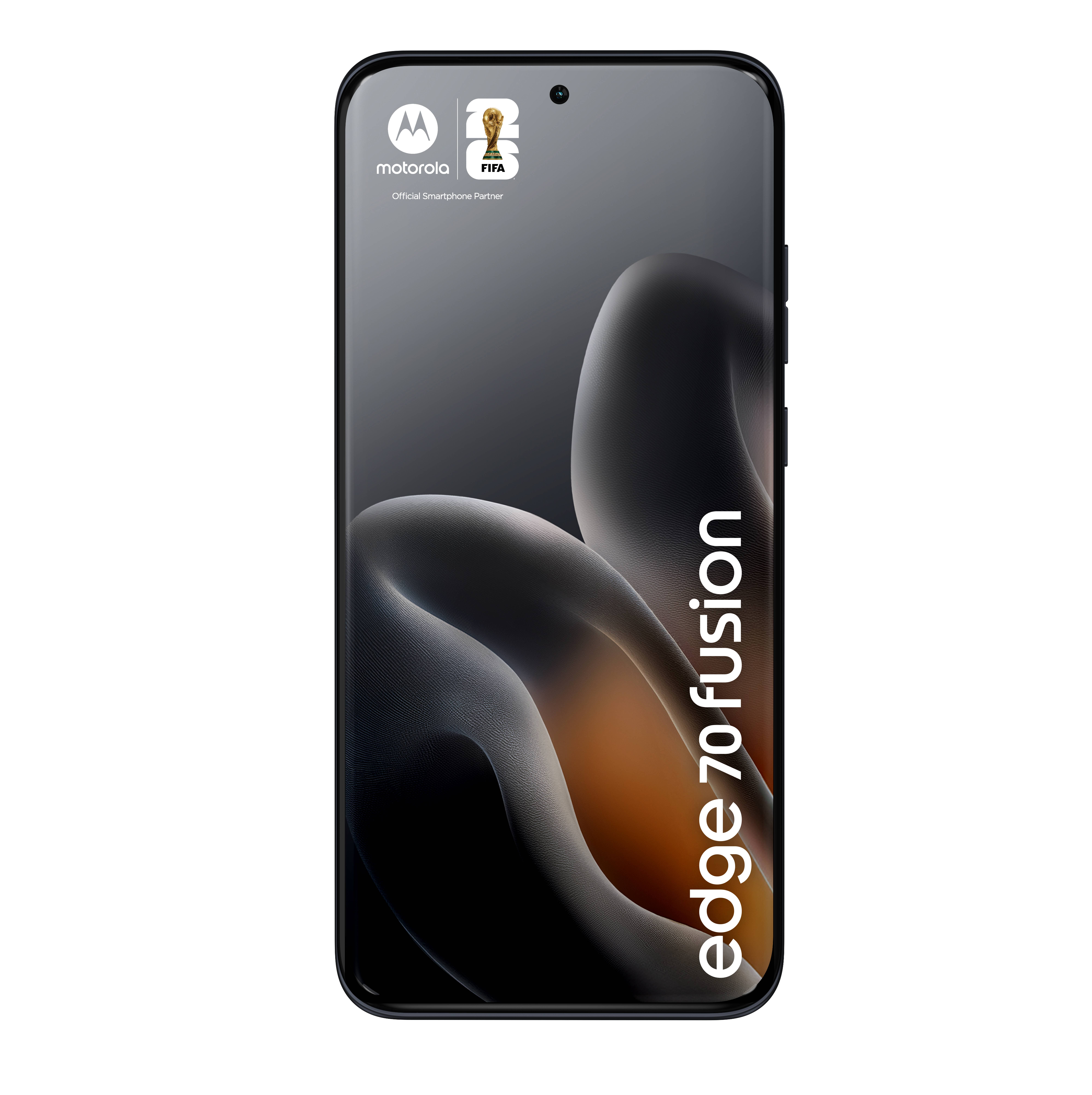 Motorola Edge 70 Fusion Smartphone von vorne gezeigt mit einem dunklen abstrakten Hintergrundbild und Motorola-/FIFA-Logos oben.