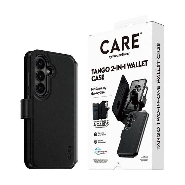 Black CARE Tango 2-in-1 Geldbörse für Samsung Galaxy S26 neben seiner Verpackung gezeigt, mit Kartenspeicher und Standfunktionalität.