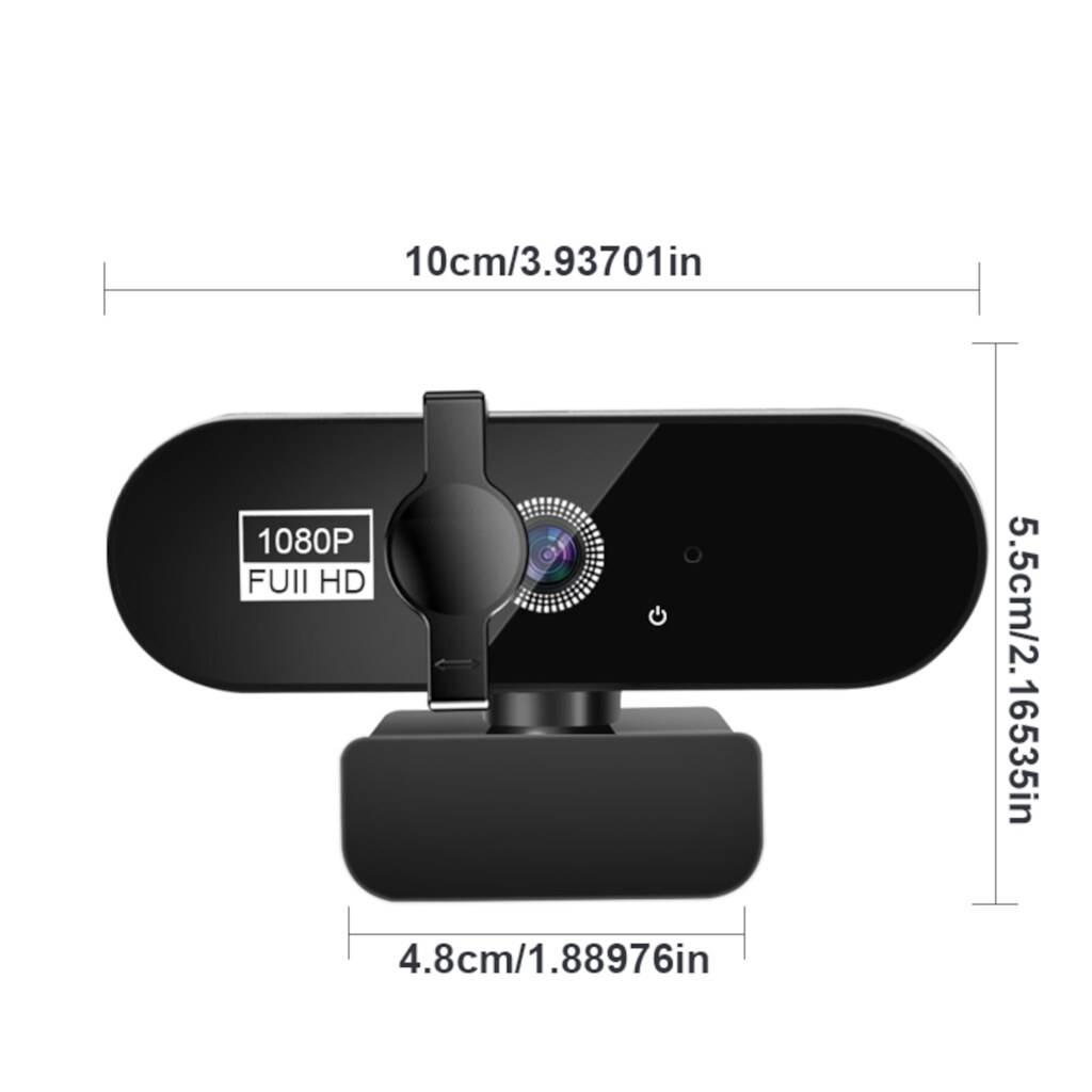 Eine schwarze 1080P Full HD Webcam wird mit folgenden Abmessungen gezeigt: 10 cm Breite, 5,5 cm Höhe und 4,8 cm Tiefe.