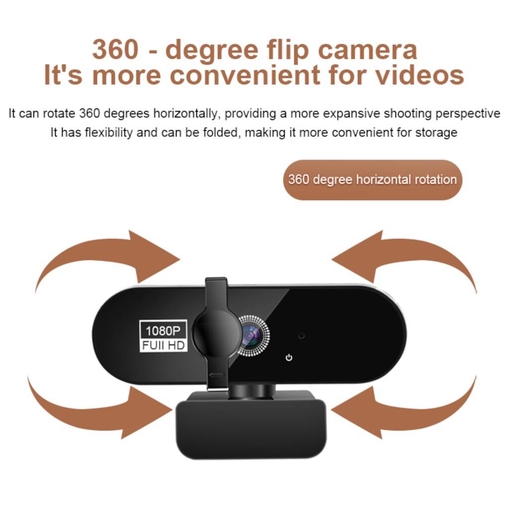 „360-Grad-Flipkamera perfekt für Videos. Ausgestattet mit 1080P Full HD. Der Text hebt die Rotationsfähigkeit und die Speicherfreundlichkeit hervor.