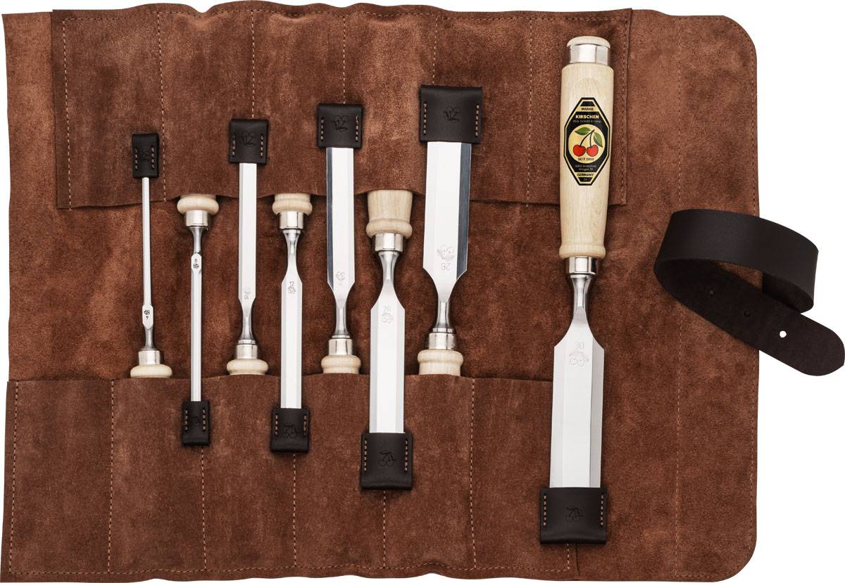 KIRSCHEN WOODWORKER Essentials Set 3 - Stechbeitelsatz 4-6-10-12-16-20-26-30 mm in Ledertasche + RYOBA Japansäge + Holzhammer + Anreißmesser 1831000