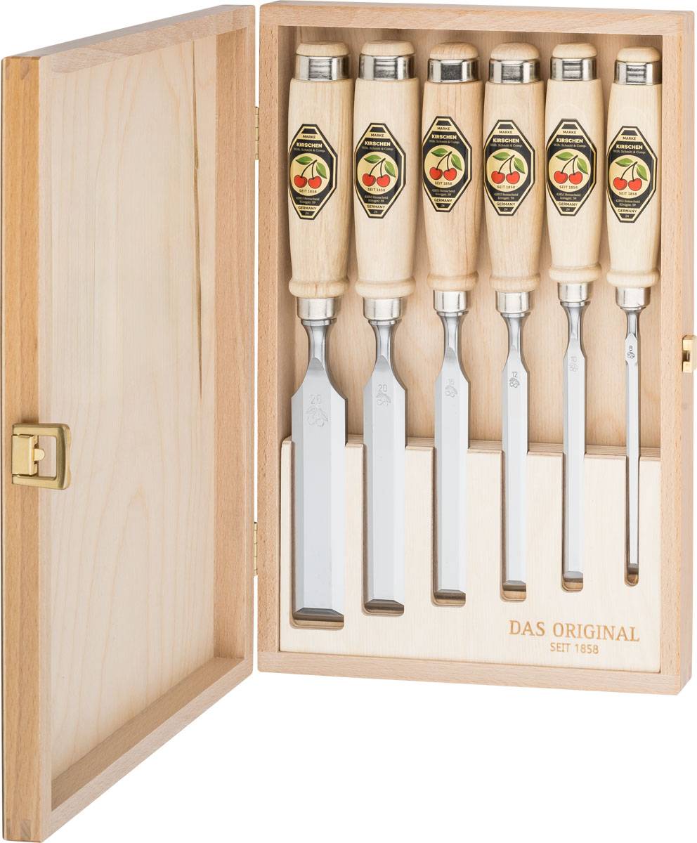 KIRSCHEN WOODWORKER Essentials Set 1 - Stechbeitelsatz 6-10-12-16-20-26 mm in Holzkasten + Holzhammer + Anreißmesser 1811000