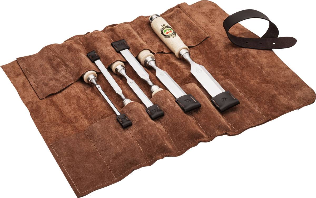KIRSCHEN WOODWORKER Essentials Set 2 - Stechbeitelsatz 6-10-12-16-20-26 mm in Ledertasche + Holzhammer + Anreißmesser 1821000