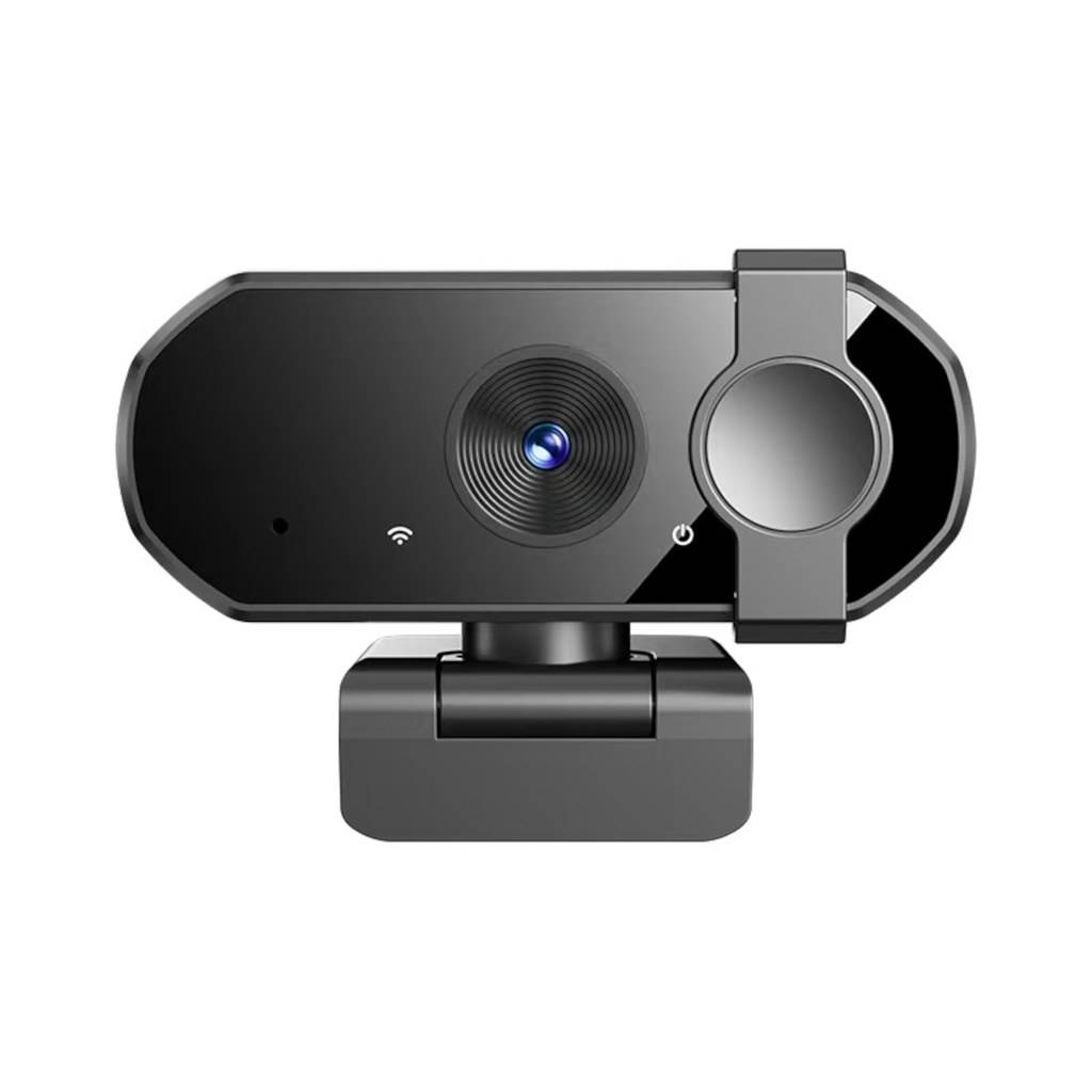Eine schwarze Webcam mit Objektiv, Anzeigelampe und integrierter Halterung, konzipiert für Videoanrufe und Streaming auf einem Computer oder Laptop.