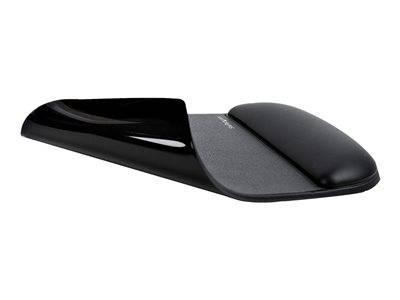 Eine schwarze ergonomische Handgelenkstütze mit Stoffoberfläche und erhöhter Stütze für komfortables Tippen.