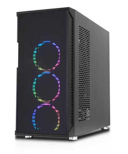 Ein schwarzer Computer-Tower mit drei kreisförmigen RGB-Leuchten auf der Frontplatte, konzipiert zur visuellen Verbesserung von Gaming-Setups.