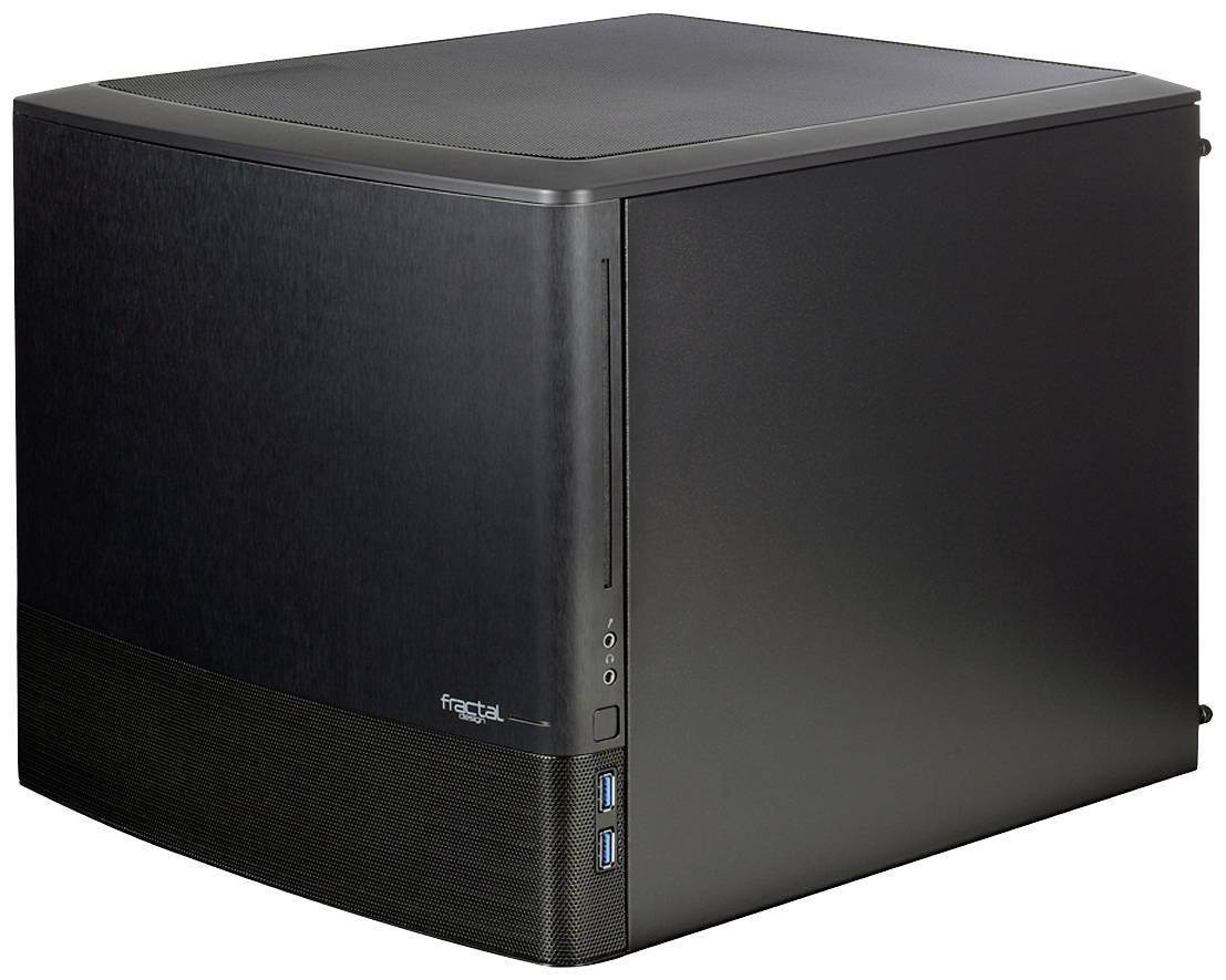 Ein schwarzes Computergehäuse mit schlankem Design, das ein Frontpanel mit zwei USB-Anschlüssen und einem Ein-/Ausschalter aufweist.