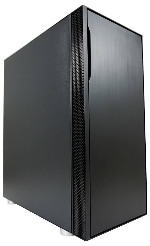 Ein schlanker, schwarzer Computer-Turm mit minimalistischem Design, bestehend aus einem glatten Frontpanel und diskrëter Belüftung an der Seite.