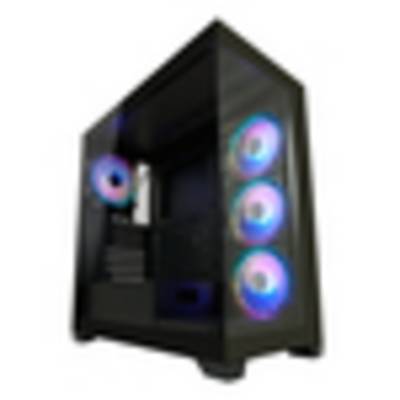 Ein schwarzer Computerturm mit transparenten Seitenwänden, ausgestattet mit drei beleuchteten Kühlventilatoren mit farbigen LED-Lichtern auf der Frontblende.