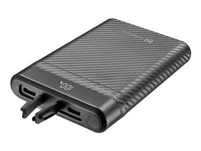 Tragbares Powerbank mit Karbonfaser-Design, zeigt 100% Ladung an. Ausgestattet mit USB- und USB-C-Anschlüssen.