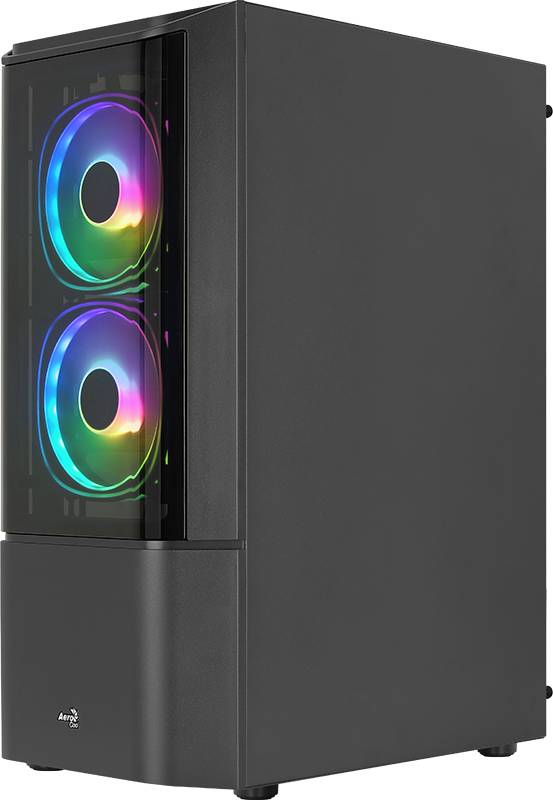 Ein schwarzer Computer-Tower mit sichtbaren RGB-beleuchteten Lüftern an der Seite, die bunte Beleuchtung in vertikaler Anordnung zur Schau stellen.