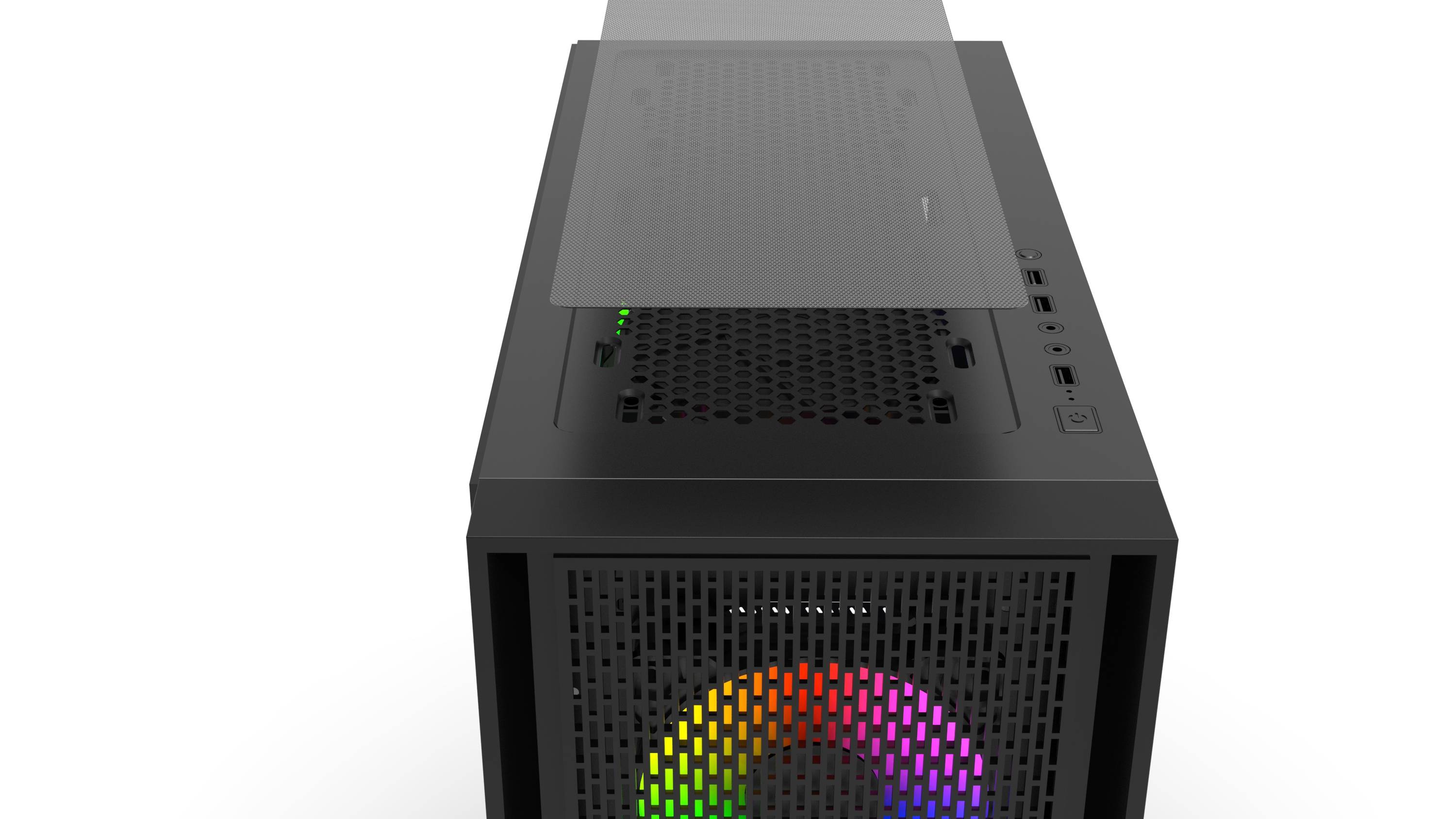Schwarzes PC-Gehäuse mit Mesh-Oberfläche und effizentem Kühlungsdesign, ausgestattet mit beleuchteten Regenbogen-LED-Lüftern an der Vorderseite und seitlichen USB-Anschlüssen für einfachen Zugriff.