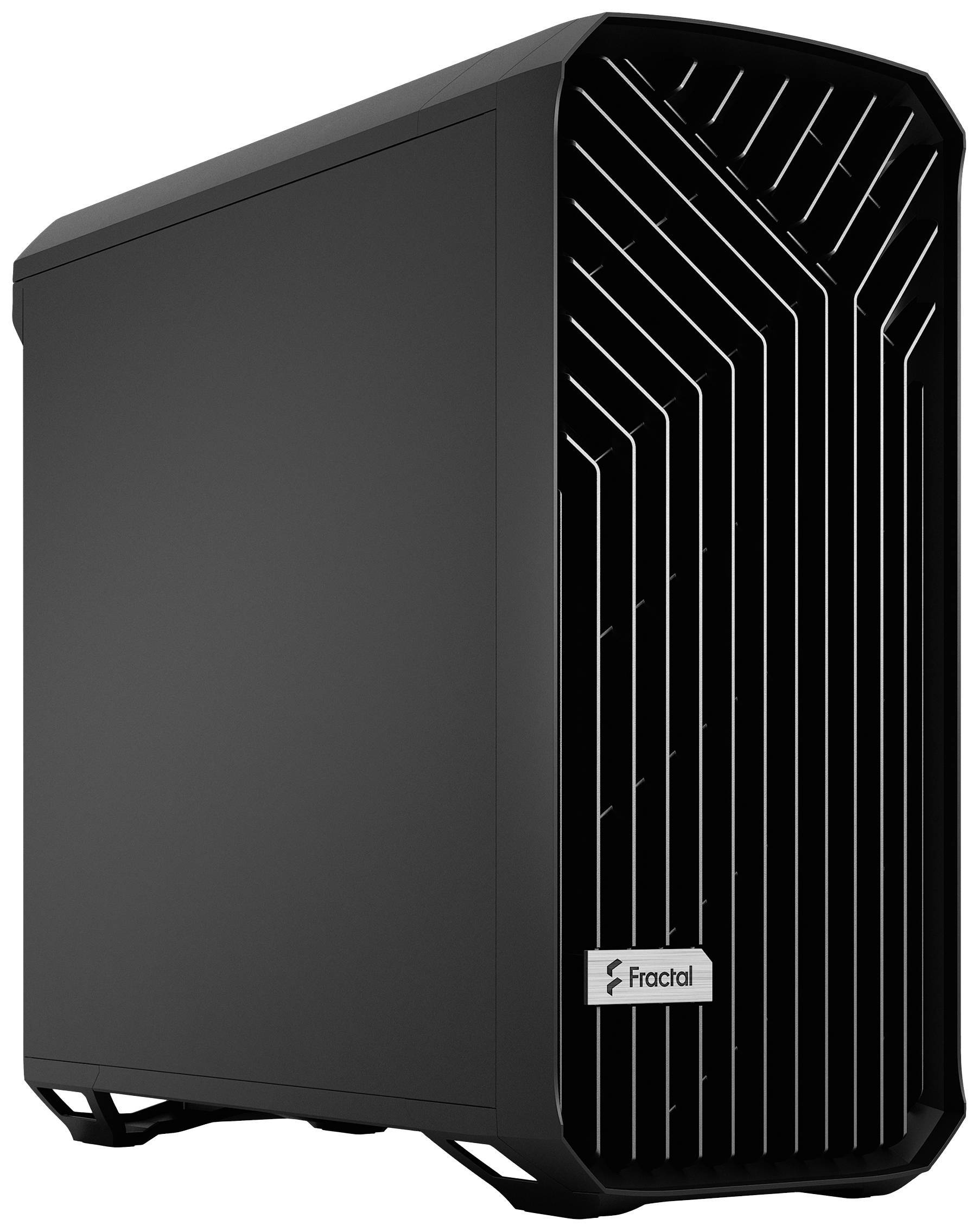 Ein schwarzes Computergehäuse mit geometrischem Frontpanel-Design, das diagonale Linien aufweist. Das Fractal-Logo ist am unteren Rand sichtbar.