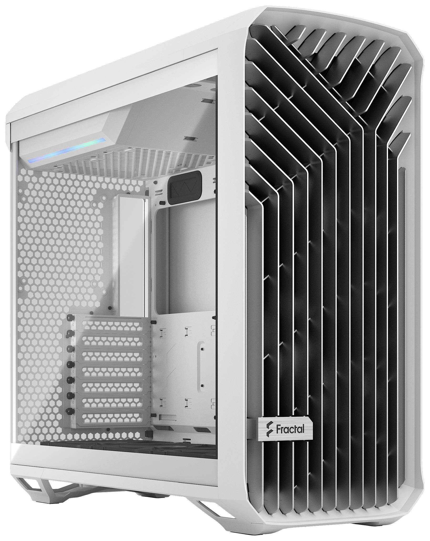 Ein weißes Computergehäuse mit einer Mesh-Seitenpaneel und einer Gitter-Frontpaneel, mit der Marke „Fractal