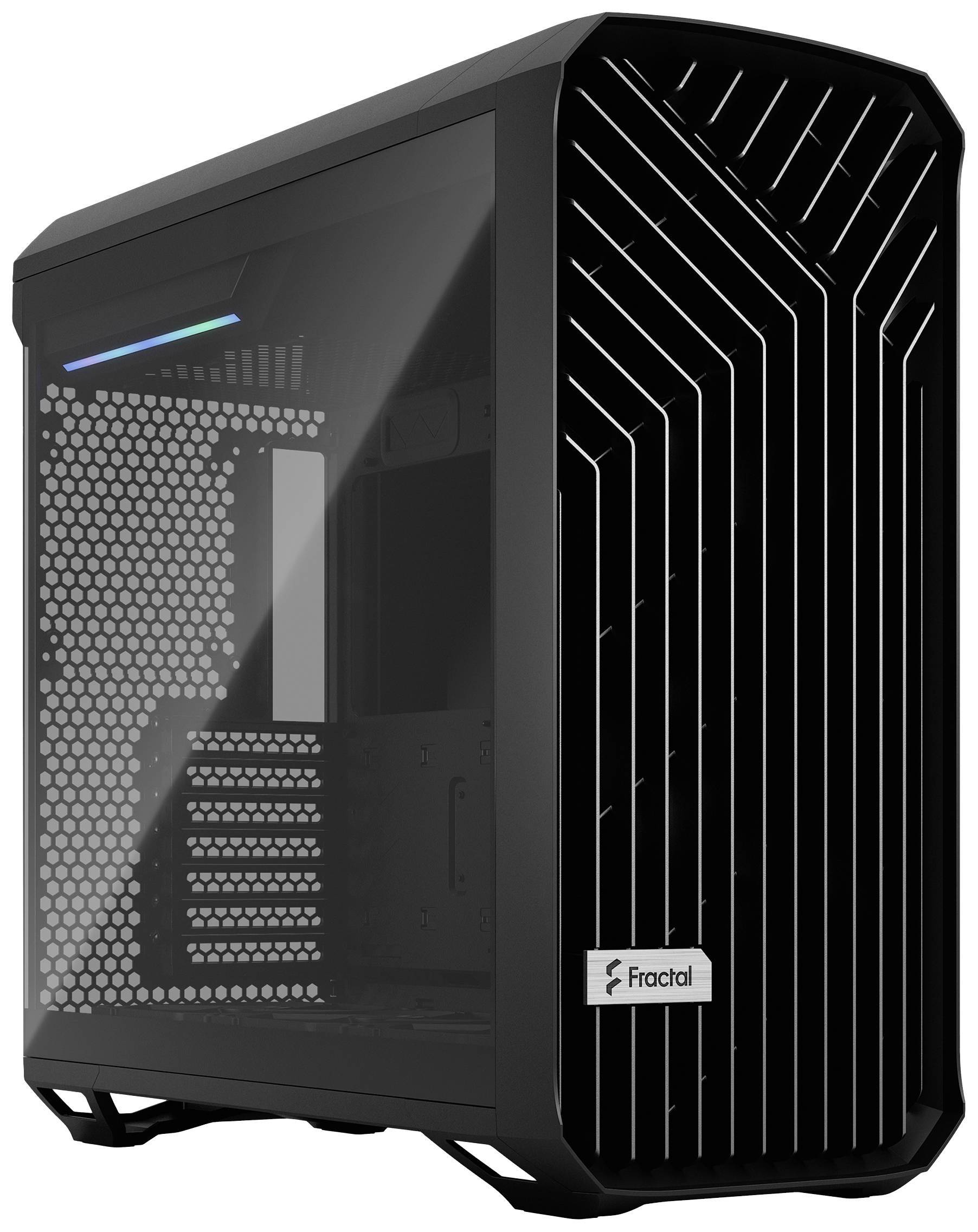 Ein schwarzes Computergehäuse mit geometrischem Frontblenden-Design und seitlicher Belüftung, mit dem „Fractal