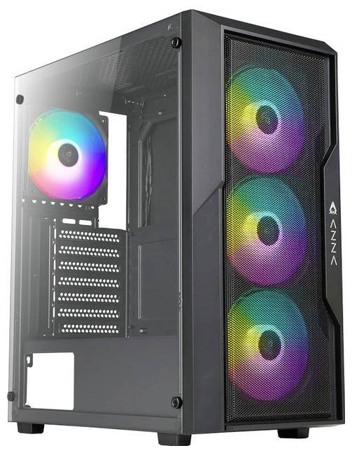 Ein Computerturm mit transparentem Seitenpanel, das vier interne Lüfter mit farbigen LED-Lichtern zeigt, die vertikal angeordnet sind.