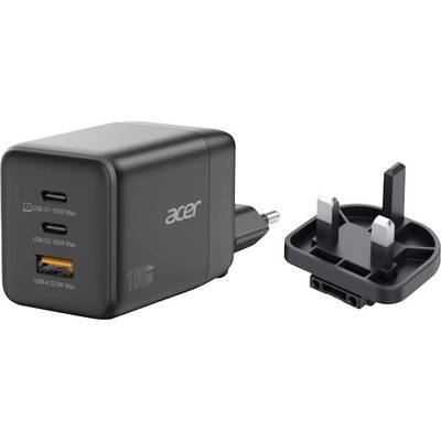 Ein Acer-Wandladegerät mit zwei USB-Anschlüssen (ein USB-C und ein USB-A) und einem abnehmbaren Stecker. Das Ladegerät ist schwarz mit weißer Beschriftung.