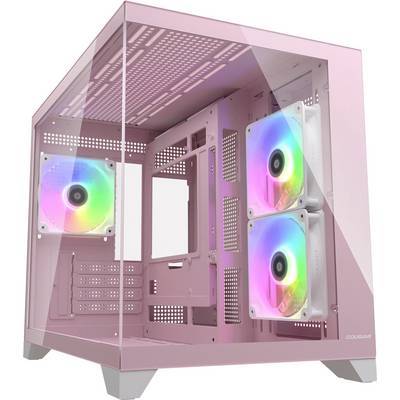 Rosa Computergehäuse mit transparenten Seitenpanelen, das interne RGB-beleuchtete Lüfter zeigt. Geeignet für benutzerdefinierte PC-Builds und zur Präsentation von Komponenten.