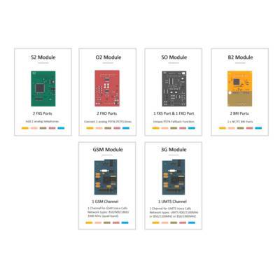 Verschiedene elektronische Module werden angezeigt, einschließlich S2, O2, S0, B2, GSM und 3G. Jede Karte zeigt den Modultyp und die wichtigsten Funktionen.