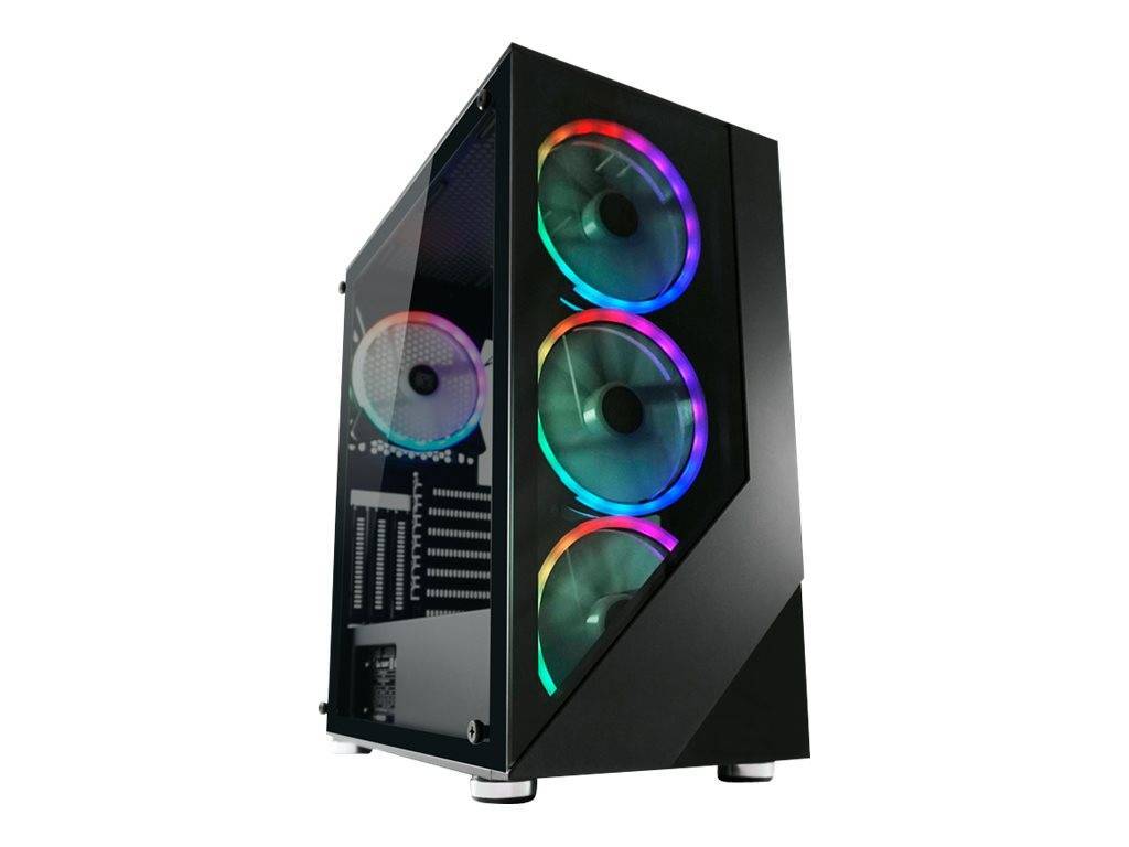 Ein schwarzer Computer-Tower mit drei sichtbaren RGB-Lüftern auf der Frontplatte, die bunte Lichter durch ein transparentes Seitenfenster zeigen.