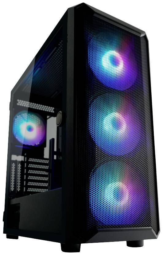 Ein Computergehäuse mit Hartglas und RGB-beleuchteten Lüftern, das eine farbenfrohe Beleuchtung im Inneren zeigt und für Gaming- oder High-Performance-PCs verwendet wird.