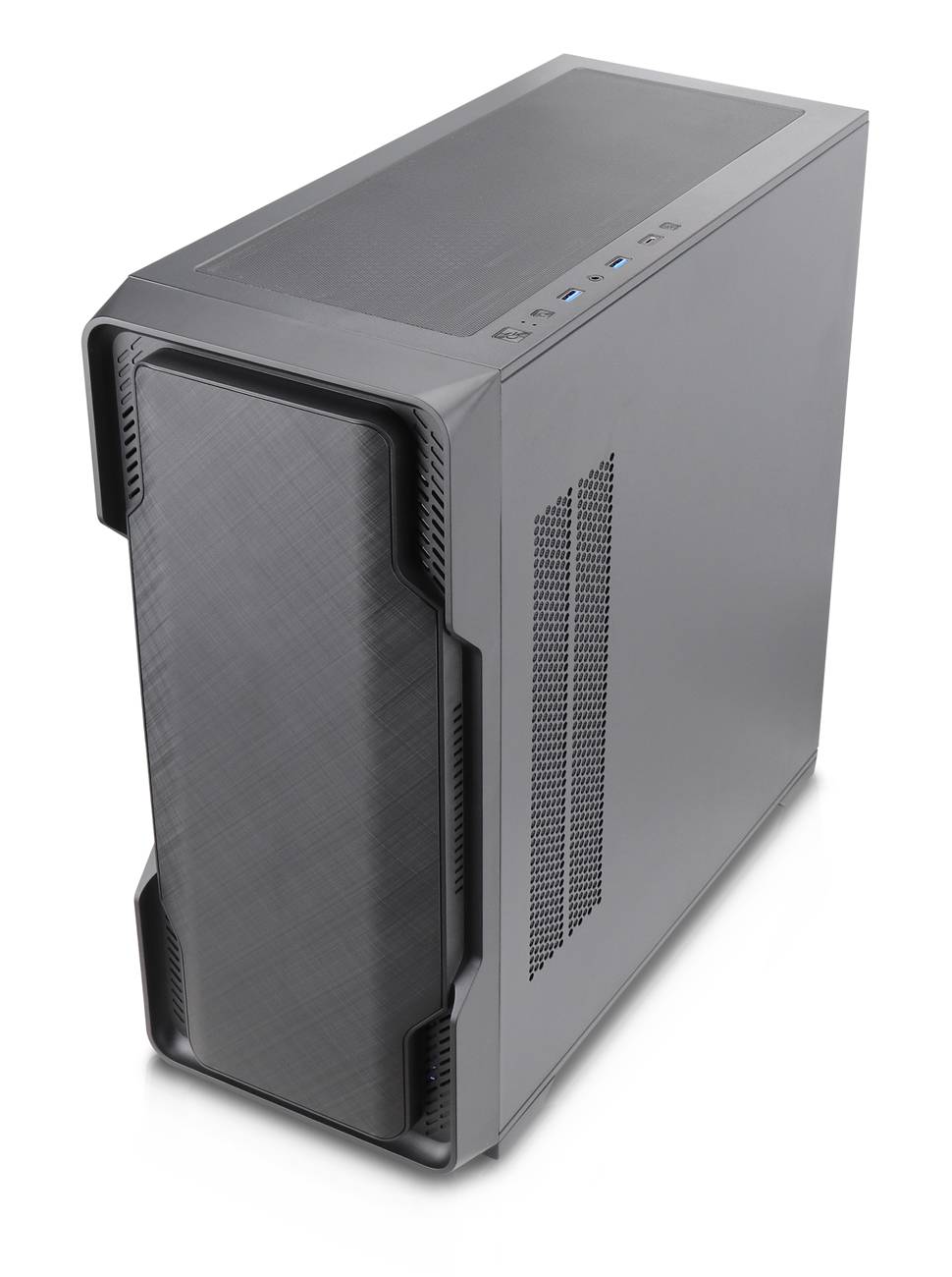 Ein eleganter, silberner Computer-Turm mit an der Vorderseite angebrachten USB-Anschlüssen und seitlicher Belüftung, geeignet für den Heimgebrauch oder die Nutzung im Büro.