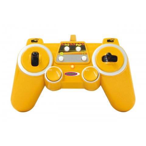 Gelbe Fernbedienung mit zwei Joysticks und Tasten, zum Betrieb von Ferngesteuerten Fahrzeugen oder Spielzeugen verwendet.