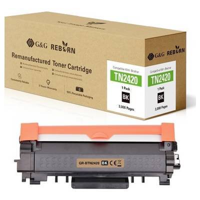 G&G Reborn wiederaufbereitete Tonerkartusche TN2420, schwarz, Einzelpackung, ergibt 3.000 Seiten. Box und Kartusche abgebildet.