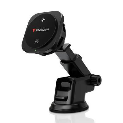 Schwarzes Verbatim kabelloses Auto-Ladegerät mit verstellbarem Arm und Saugnapfbasis, das ein elegantes Design für das Laden von Smartphones im Auto zeigt.