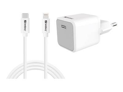 Ein weißes Wandladegerät mit USB-C-Anschluss und einem USB-C-auf-Lightning-Kabel, konzipiert für schnelles Aufladen von Mobilgeräten.