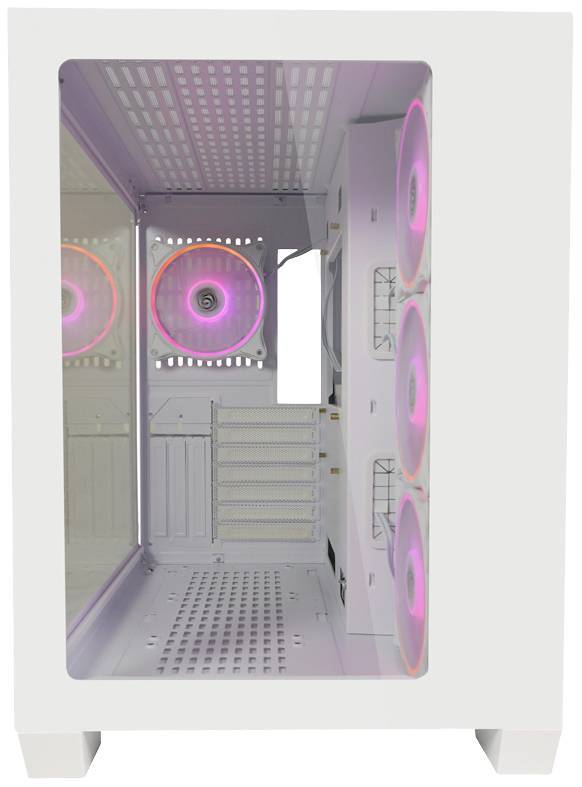 Innenansicht eines weißen Computergehäuses mit mehreren rosa LED-Lüftern auf den Seiten- und Rückpaneelen, die die Kühlleistung unterstreichen.