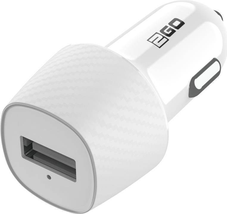 Weißes Auto-USB-Ladegerät mit einem einzelnen Anschluss und kompaktem Design, mit dem '2GO'-Logo auf der Seite.