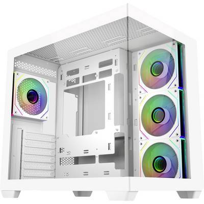 Ein weißes Computergehäuse mit RGB-Lüftern und einem transparenten Seitenpanel, das Platz für Komponenten bietet, einschließlich mehrerer Laufwerkschächte und Erweiterungssteckplätze.