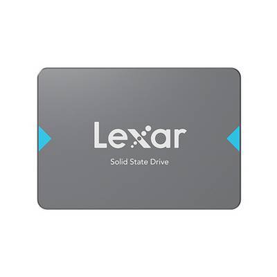 Lexar Solid State Drive' mit minimalistische Design, mit dem Lexar-Logo in Weiß auf grauem Hintergrund mit blauen Akzenten.