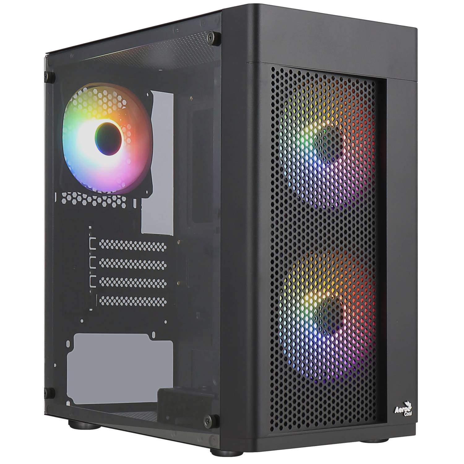 Ein schwarzer Computer-Tower mit RGB-beleuchteten Lüftern, die durch ein Mesh-Frontpanel und ein transparentes Seitenpanel sichtbar sind.