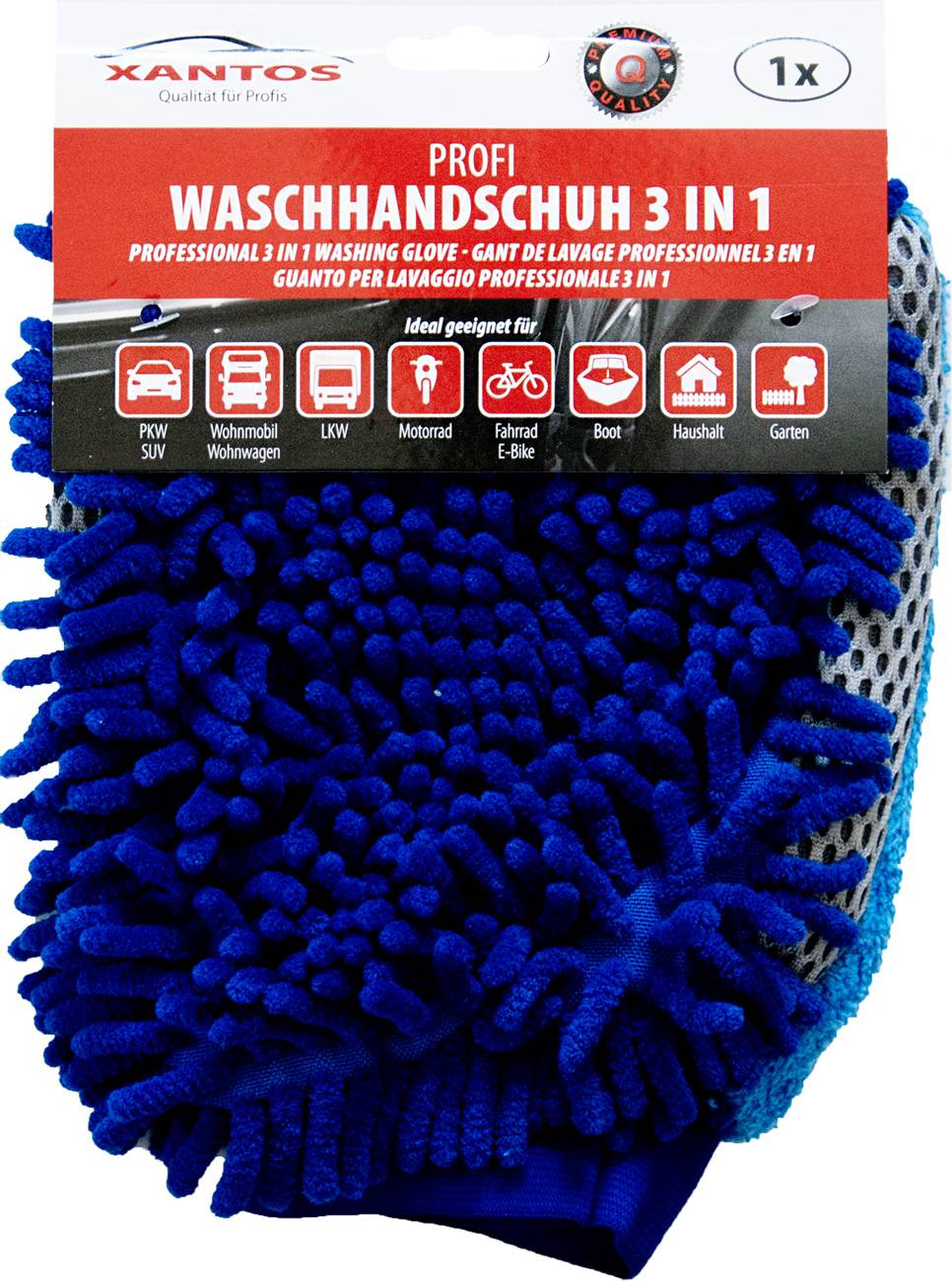 Blauer Mikrofaser-Waschlappen mit der Bezeichnung „Professional 3 in 1 Waschlappen
