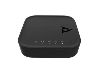 Ein schwarzes elektronisches Gerät, das einem Router ähnelt, mit fünf Kontrollleuchten an der Vorderseite, von denen jede mit einem kleinen Symbol gekennzeichnet ist.