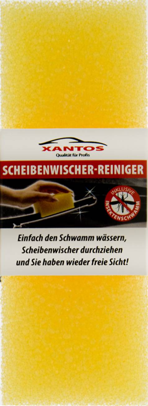 XANTOS Scheibenwischer-Reiniger - Produktanzeige. Zeigt die Reinigung eines Wischers mit einem Schwamm. Der deutsche Text hebt die Benutzerfreundlichkeit für klare Sichtbarkeit hervor.
