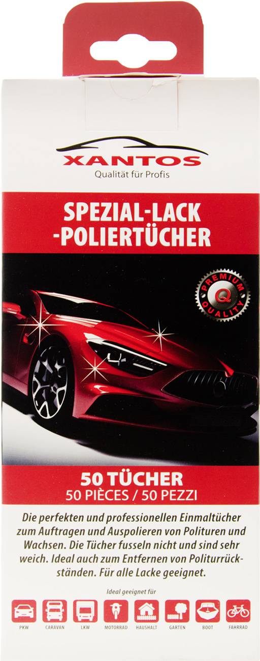 Rotes Auto glänzt mit sternenähnlichen Reflexionen unter dem Text: Spezial-Lack-Poliertücher. Ein Siegel liest Premium Quality, vor einem schwarzroten Hintergrund.